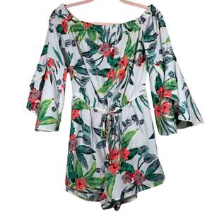 MINT OF BLUSH White Tropical Print Ruffle Sleeve Romper Small